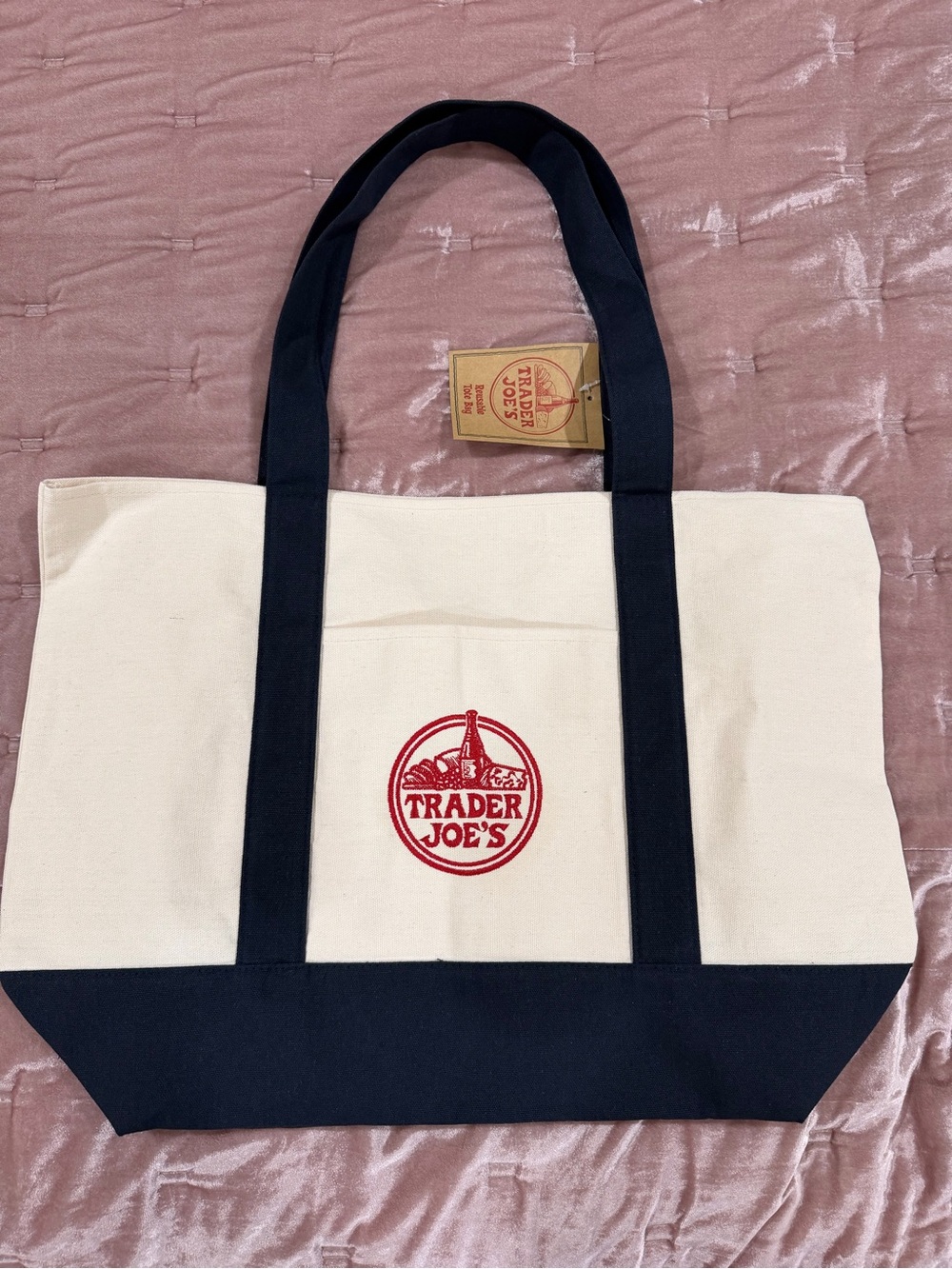 Trader Joe's Canvas Tote Bag in Cream with Black Trim